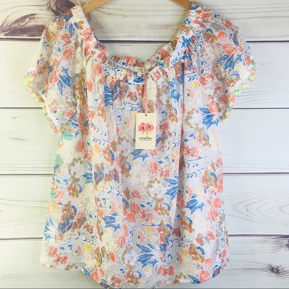 Entro UO Pom Pom Flower Floral Festival Blouse - Picture 1 of 7